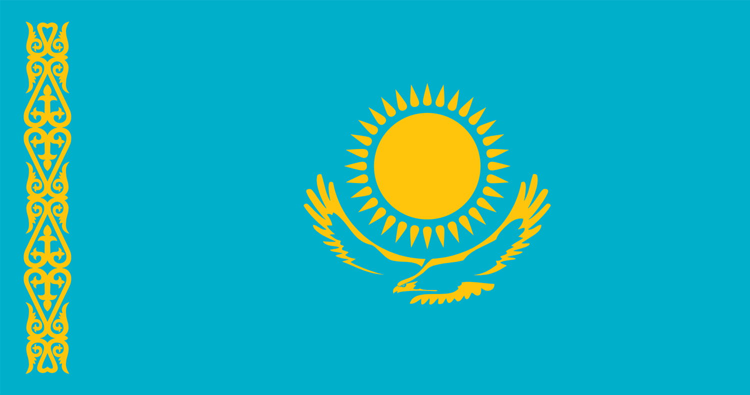 Флаг на Казахстан: син фон със златно слънце, летящ орел и вертикален орнаментален мотив.