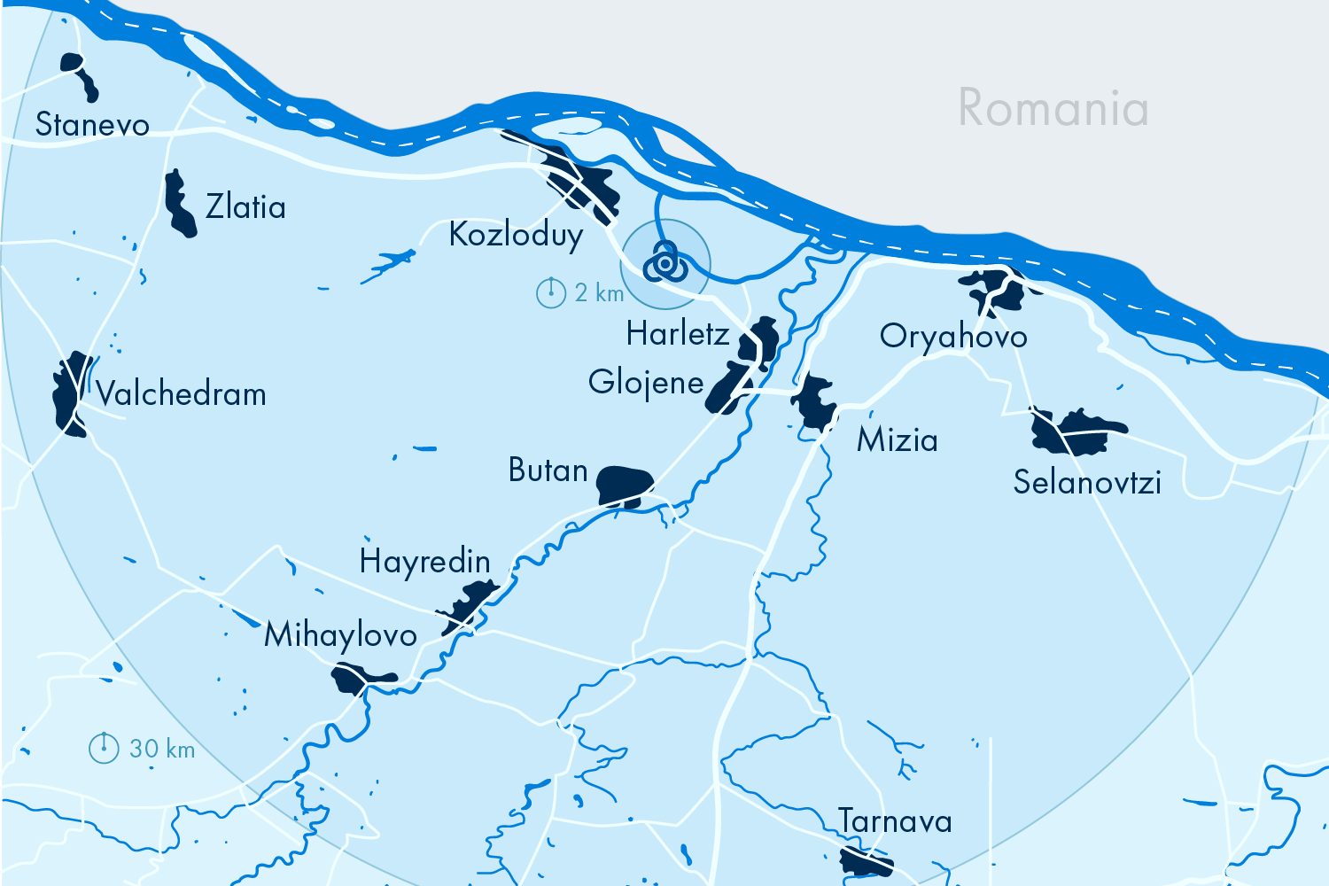 Карта на регион с обозначени градове, реки и граници между България и Румъния; акцент върху Козлодуй.