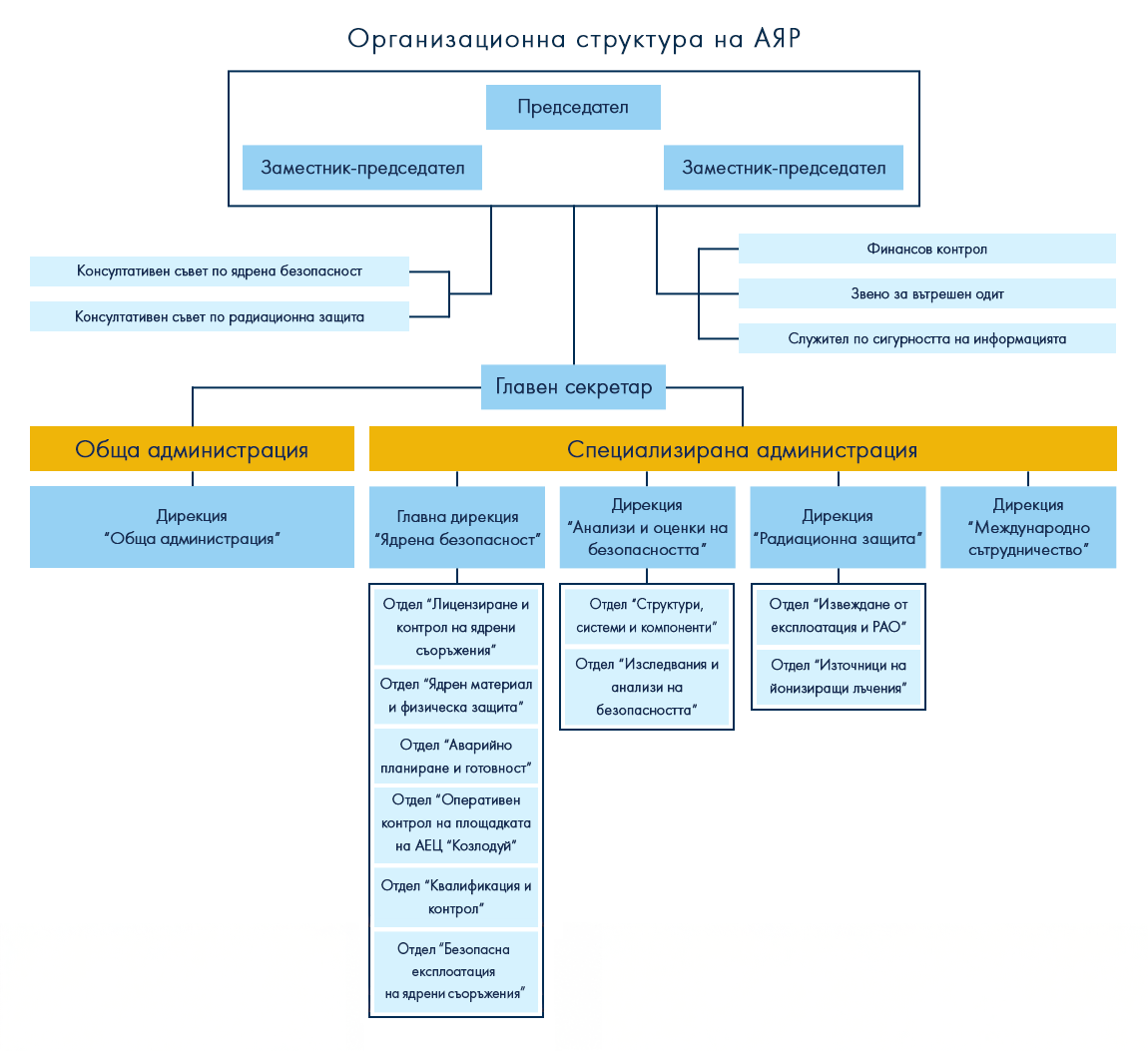 Диаграма на организационна структура на АЯР: отдели, йерархия, основни функции.